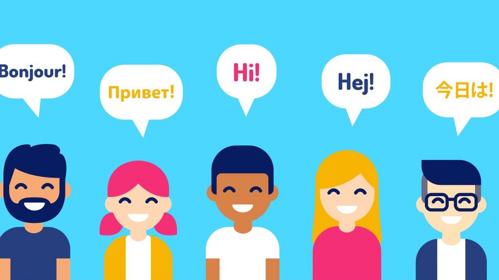 This cartoon graphic shows people from different countries saying "Hi!' in their language.
